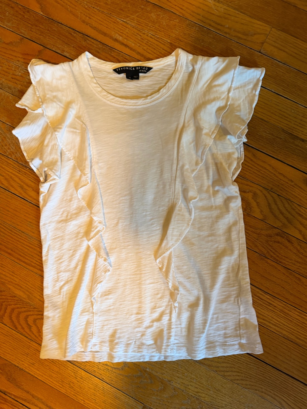 Veronica Beard White Ruffled Sleeve Cotton Tee